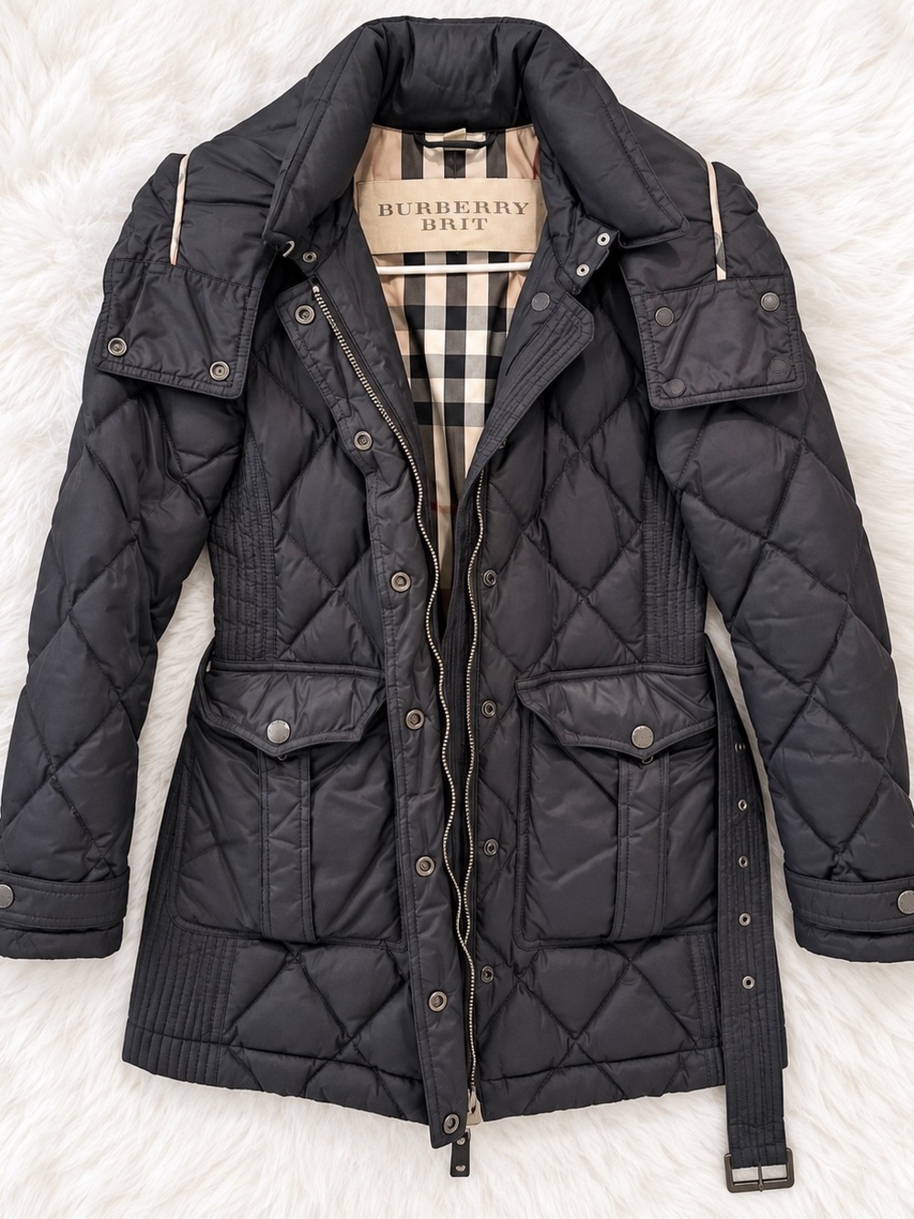 Burberry Brit Belted Jacket Coat with Removable Hood